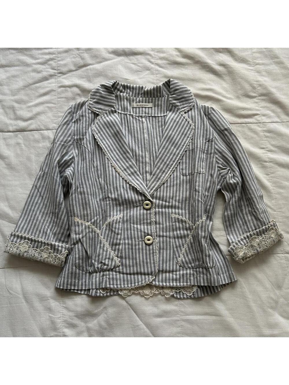 Axes Femme Gray White Striped Lace Trim 3/4 Sleeve Blazer Jacket Medium Japan
